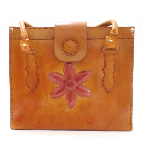 red flower leather tote